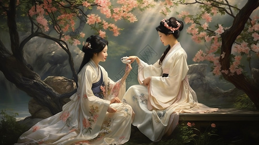 樱花树下交谈的古代女子图片