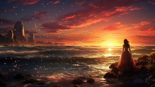 海岸上欣赏日落的女士图片