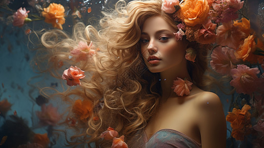 悬浮鲜花中的美女背景图片