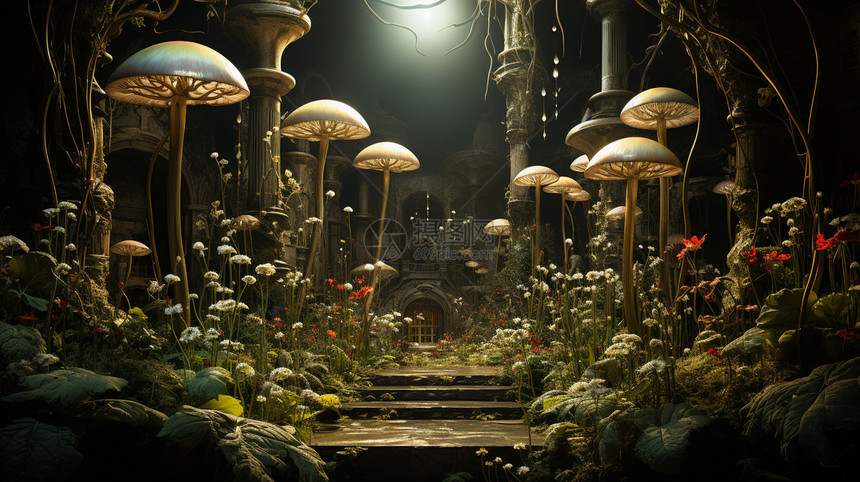 废弃城堡中的蘑菇插画图片