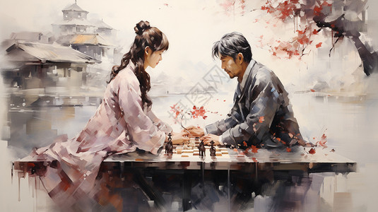 河岸边下象棋的古装情侣背景图片