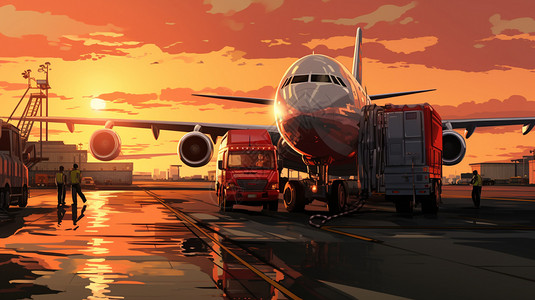 停机坪上机场装卸货物的飞机插画插画