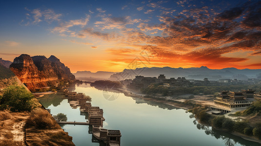 夕阳下河岸的古代村落图片
