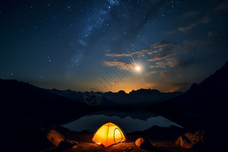夏季山间夜晚星空的美丽景观图片