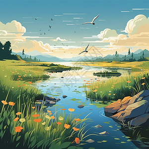 河流湿地郁郁葱葱的森林湿地保护区插画