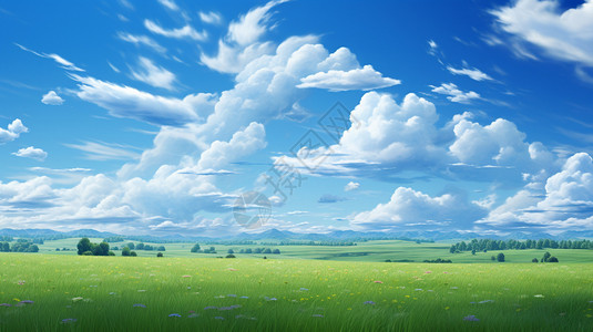 蓝天白云下的大草原景观背景图片