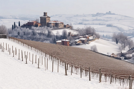 白雪皑皑的葡萄种植庄园景观图片