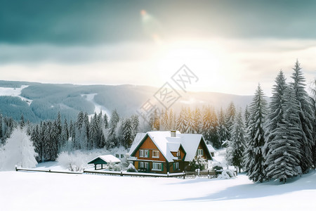 雪地里的小屋景观图片