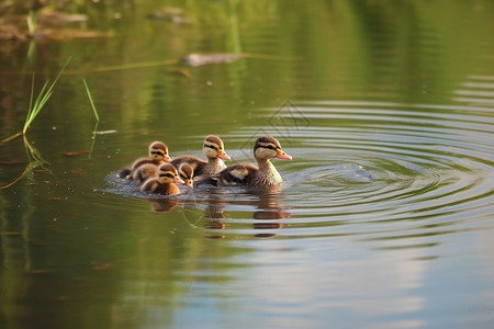 池塘中玩耍的小鸭子背景图片