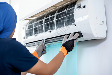 家庭服务清洗家居空调的工人高清图片