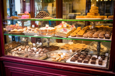蛋糕商店橱窗里的甜品背景