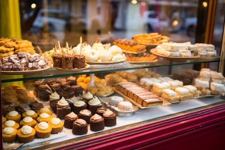 蛋糕商店好吃的甜食展示柜背景