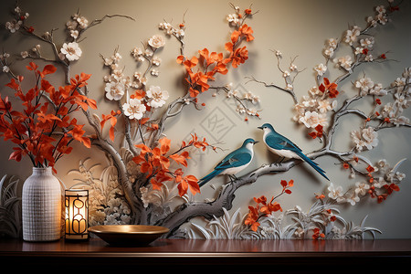 鸟类画华丽的中国刺绣艺术背景
