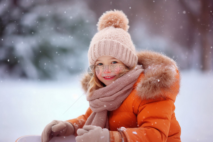 冬天雪地上玩耍的小女孩图片