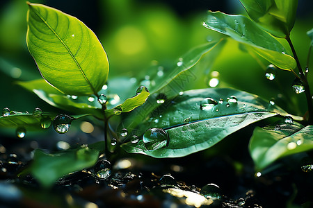 绿色自然的叶子上有水滴背景图片