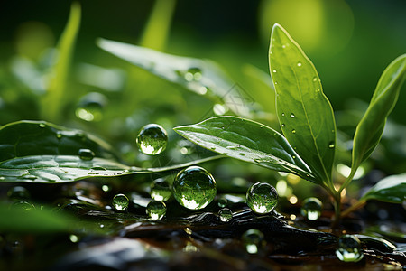 自然树叶旁边的水滴背景图片