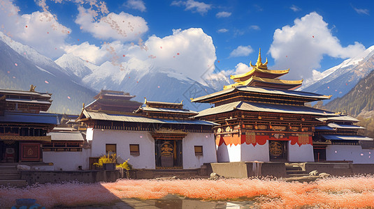 西藏三大圣湖宏丽的藏式建筑插画