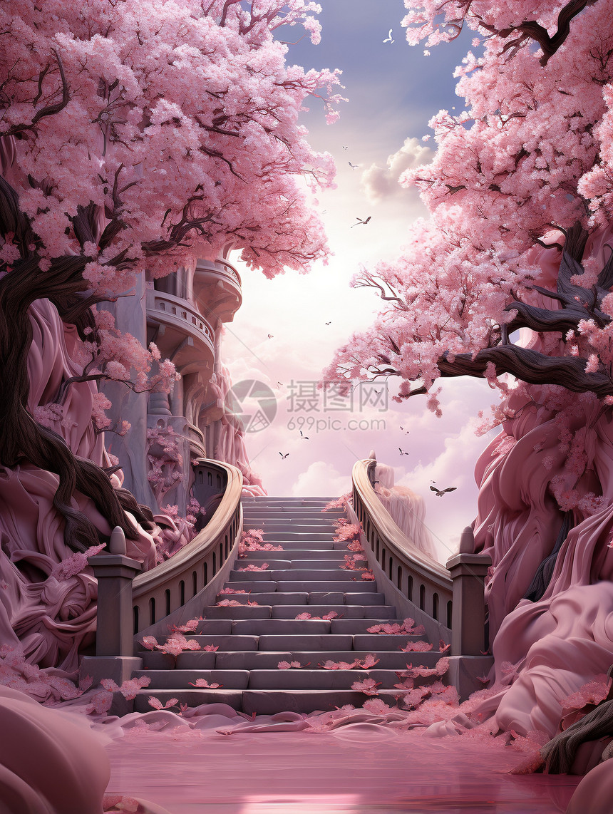 浪漫樱花树的楼梯图片
