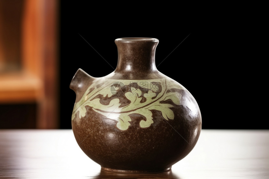 木桌上的古董陶器图片