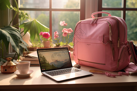 桌子上的粉色背包背景图片