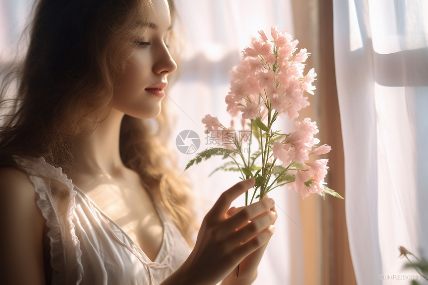 拿着鲜花的女人图片