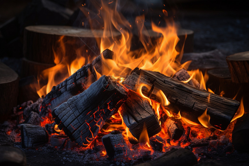 户外燃烧的木炭图片