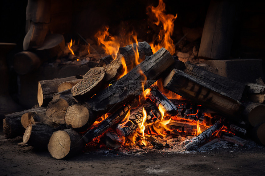燃烧的木柴篝火图片