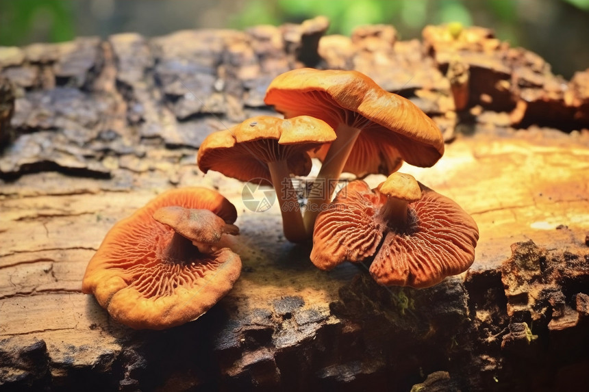 树干上生长的野生菌菇图片