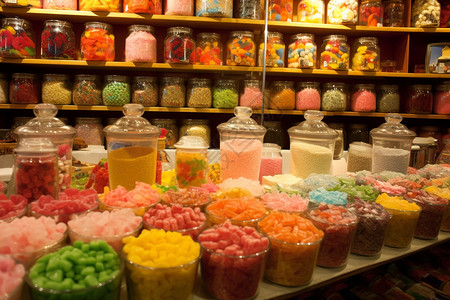 糖果商摊位上的果味糖果罐子背景