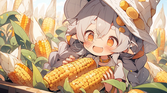 拿着玉米的动漫女孩图片