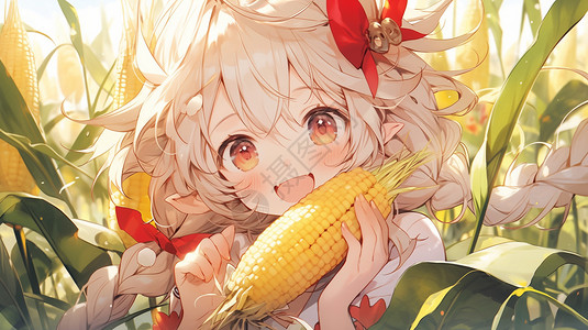 一个玉米棒拿着玉米的可爱女孩插画