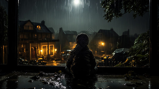 向外辐射素材下雨时向外望去的孩子背景