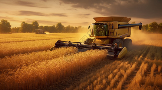 收机田地里收小麦的机器背景
