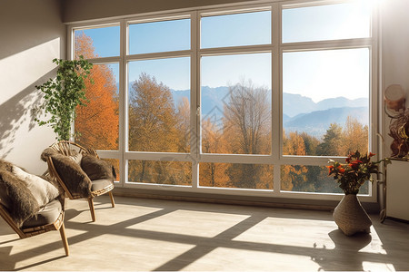 秋季山景公寓明亮的落地窗景观背景