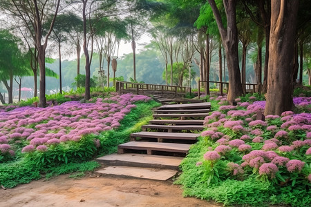 山中树林盛开的紫色花丛图片