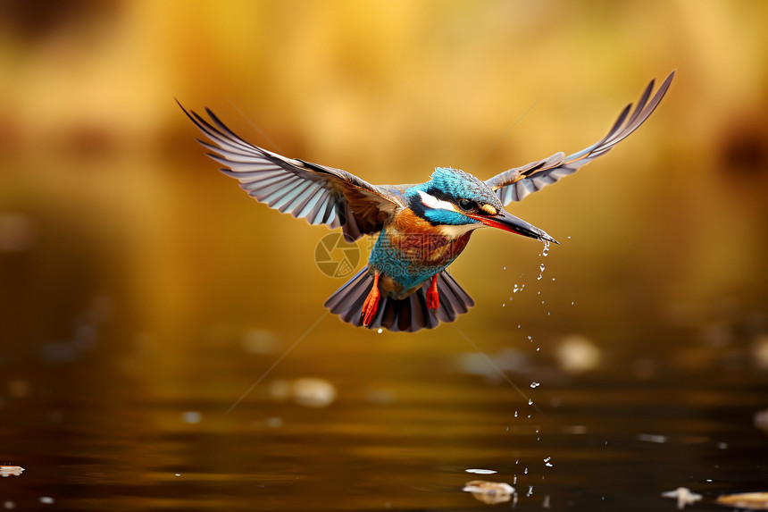 低飞在湖上喝水的翠鸟图片