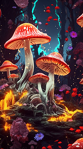 森林颜色颜色鲜艳的蘑菇插画