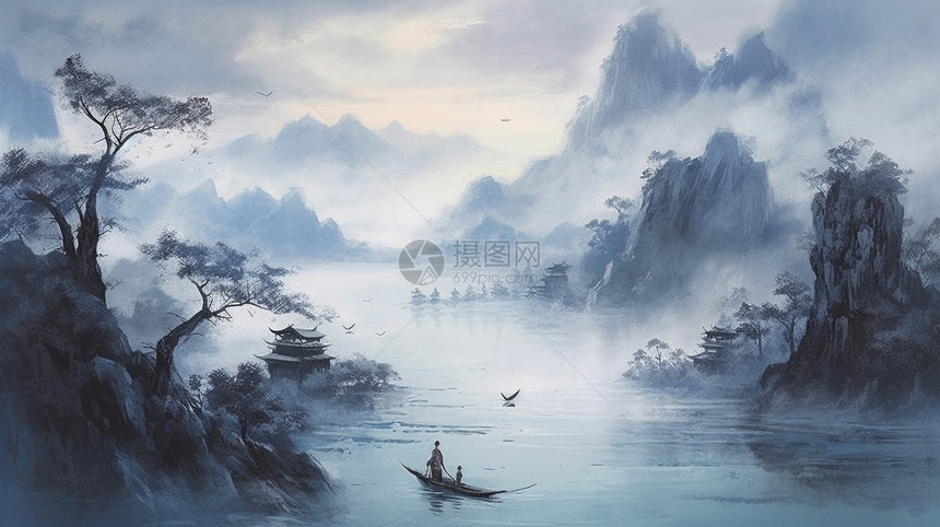 一幅江南风景的水墨画图片