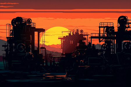 日落下的工厂机器图片