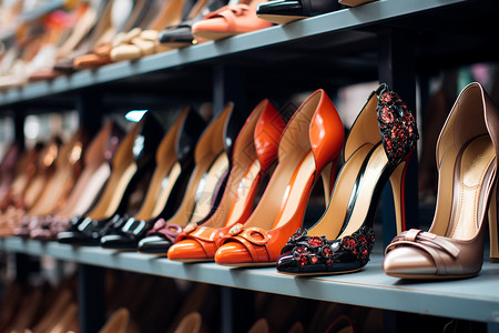 时尚鞋柜各种款式的高跟鞋背景