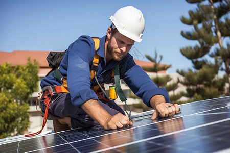 屋顶上太阳能电池板的工人图片