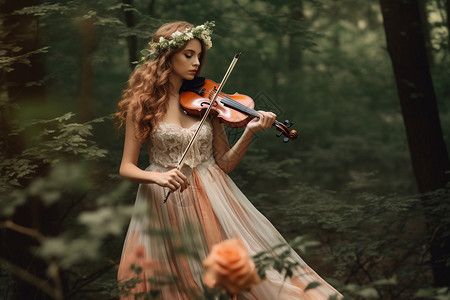 神秘森林中弹奏小提琴的女子图片