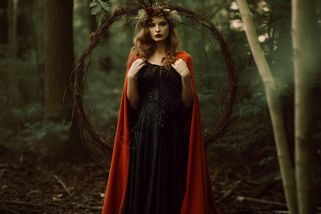 魔法斗篷神秘森林中的魔法少女背景