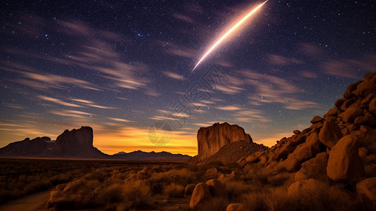 傍晚夜岩石地区天空流星景观设计图片