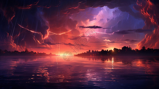黄昏时天空中电闪雷鸣景观图片