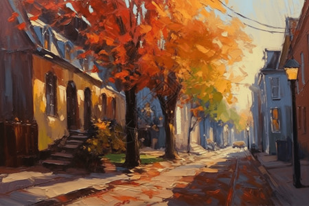 秋天城市街道的油画插图图片