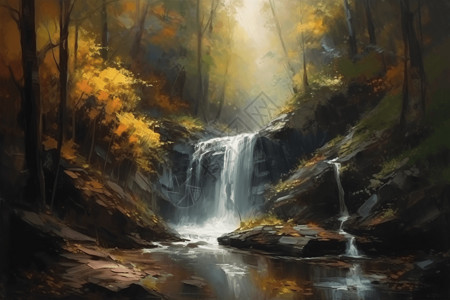 油画风格的森林瀑布景观图片