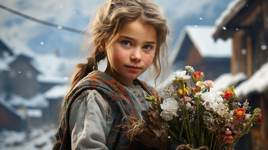雪山村庄中的美丽小女孩背景图片