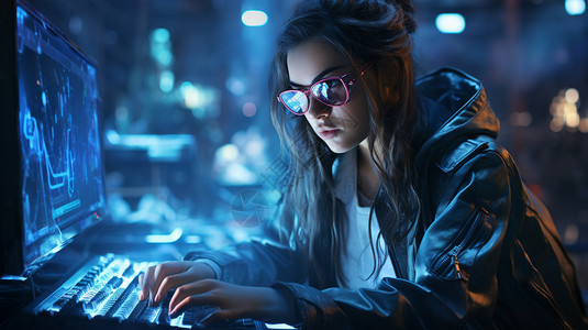 网络技术的女性电脑黑客背景图片