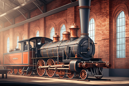 悠久历史博物馆中的老式蒸汽火车插画
